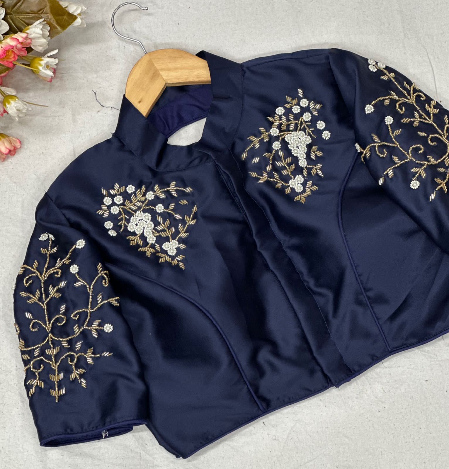 Beaded Handwork Embroidered Silk Blouse With Standing Collar