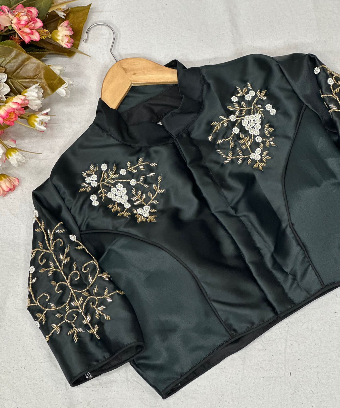 Beaded Handwork Embroidered Silk Blouse With Standing Collar