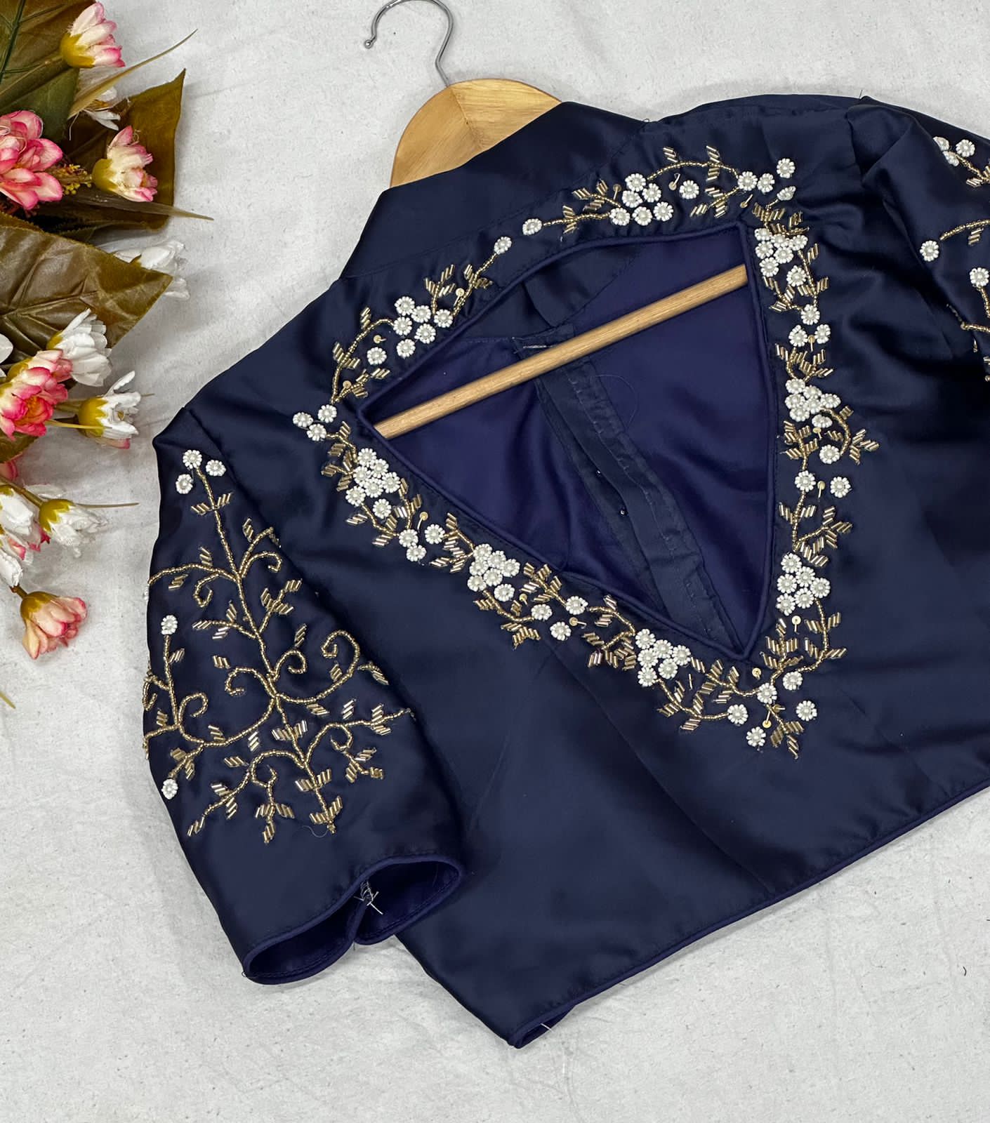 Beaded Handwork Embroidered Silk Blouse With Standing Collar