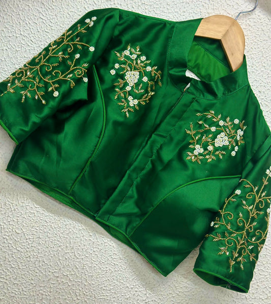 Beaded Handwork Embroidered Silk Blouse With Standing Collar