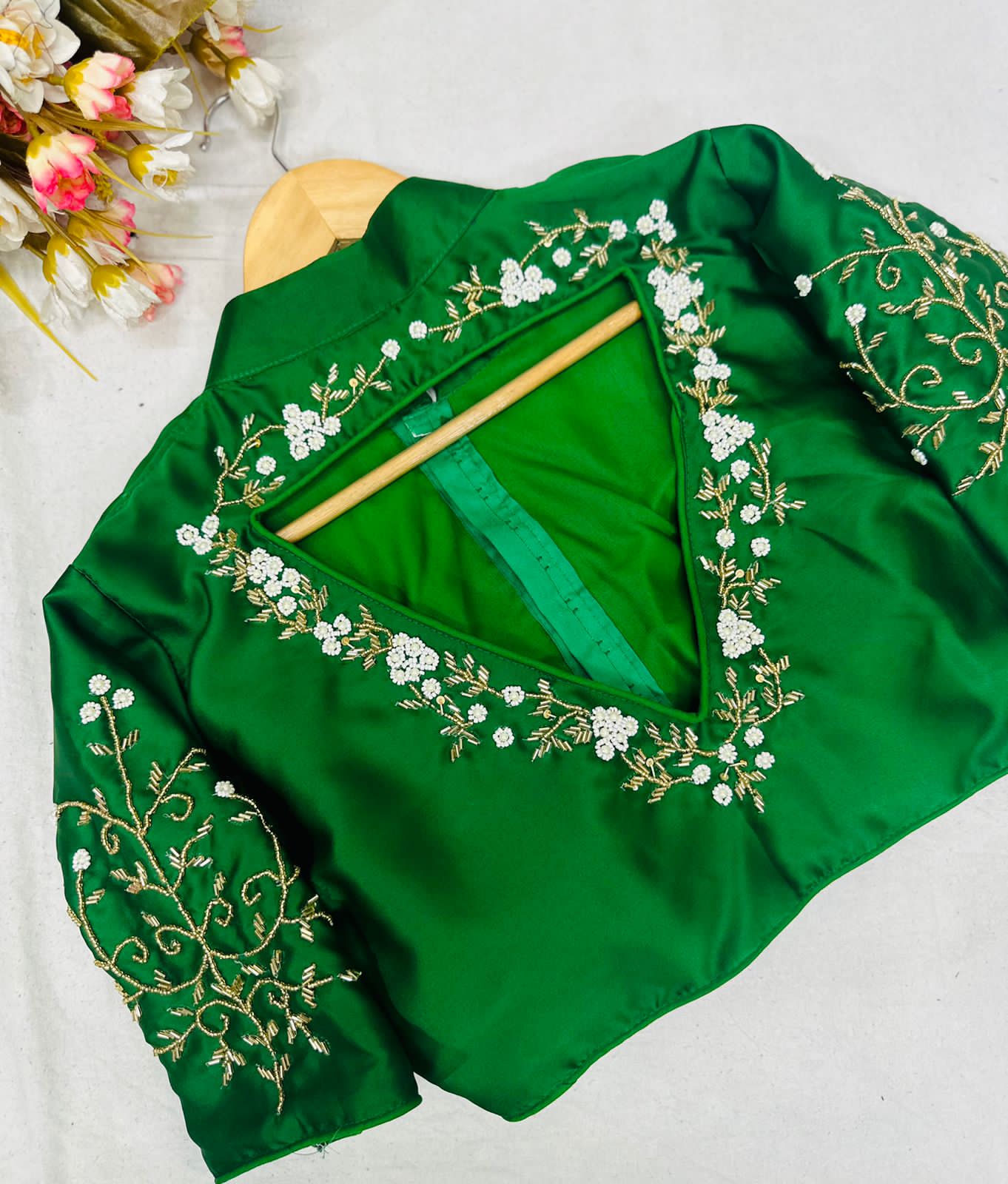 Beaded Handwork Embroidered Silk Blouse With Standing Collar