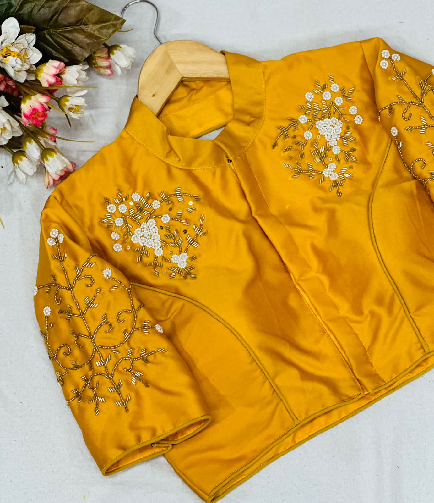 Beaded Handwork Embroidered Silk Blouse With Standing Collar