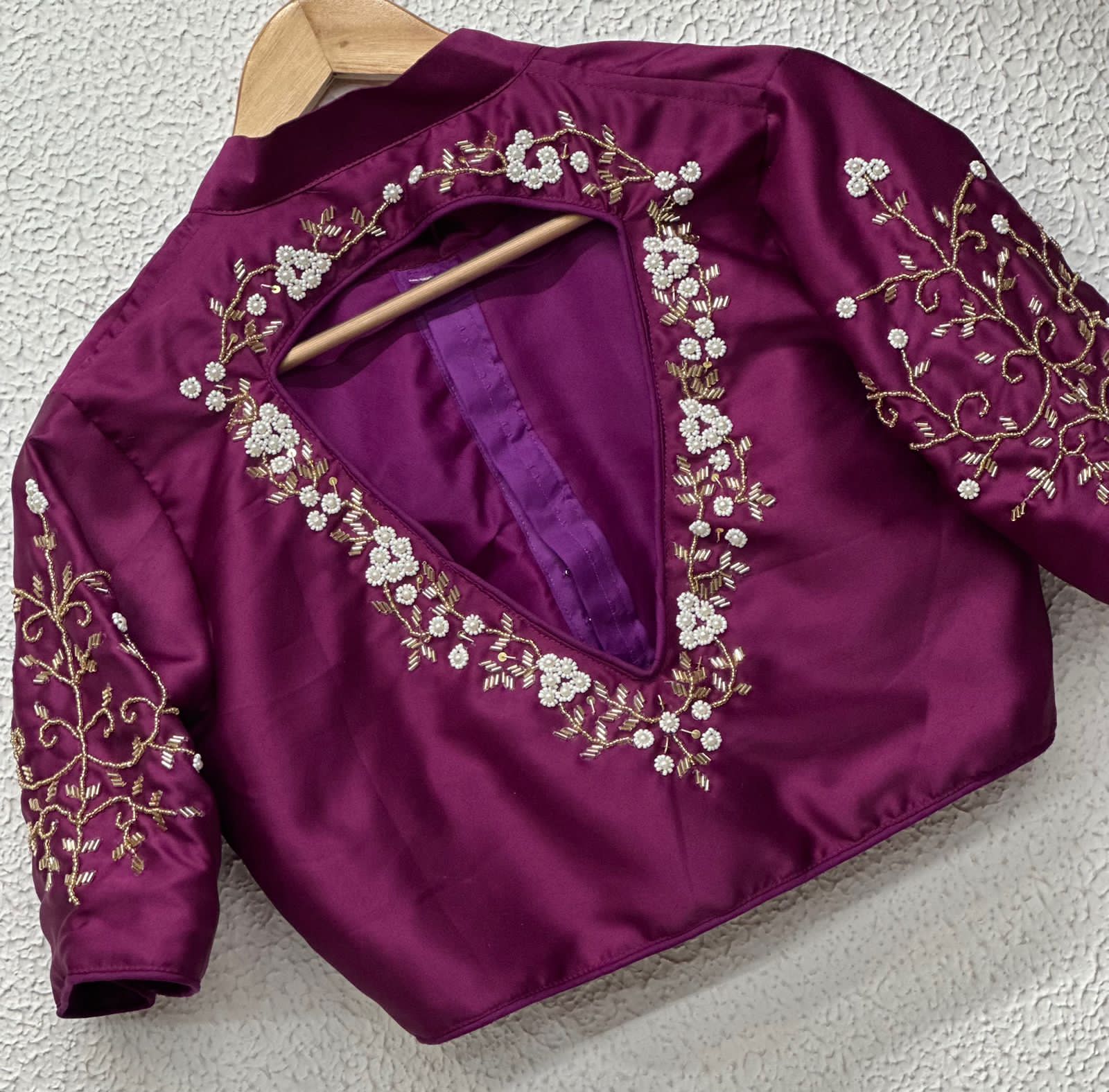 Beaded Handwork Embroidered Silk Blouse With Standing Collar