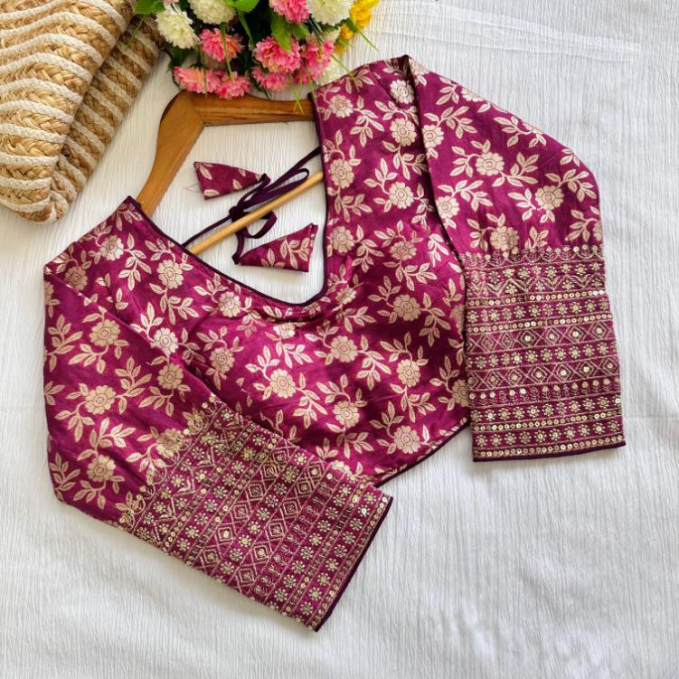 Zari Woven Floral Motifs Viscose Silk Blouse With Long Sleeves