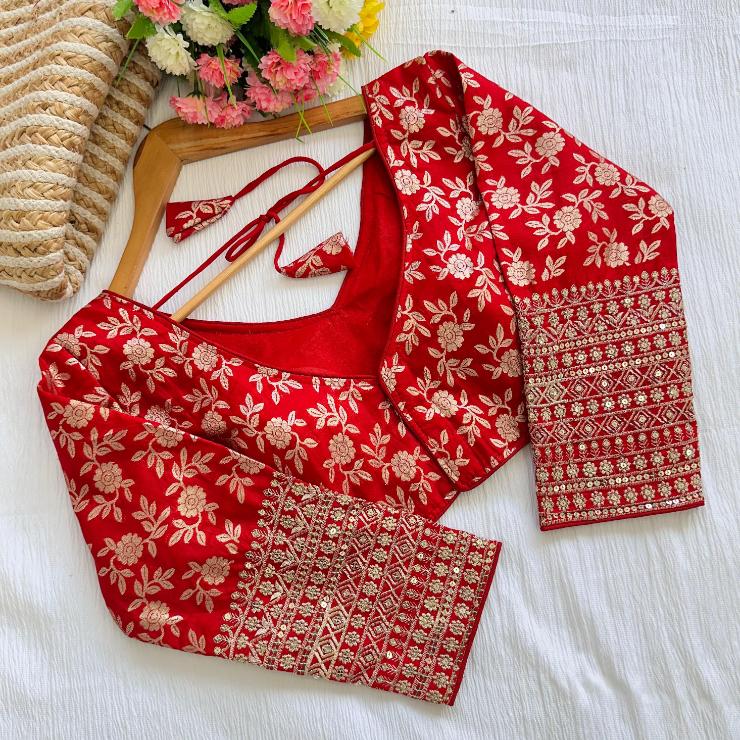 Zari Woven Floral Motifs Viscose Silk Blouse With Long Sleeves