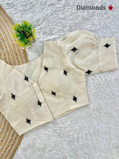 Cards Embroidered Khadi Cambric Designer Blouse With Puffed Sleeves