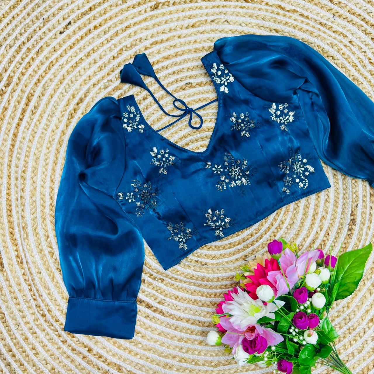 Blooming Organza Designer Silk Blouse With Embroidery