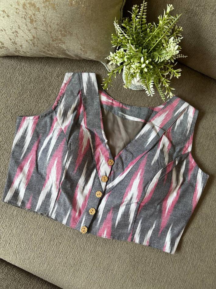 Ikkat Cotton Sleeveless Blouse With V-Neck