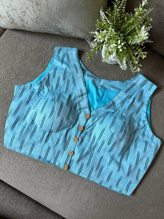 Ikkat Cotton Sleeveless Blouse With V-Neck