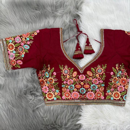 Floral Silk Thread & Zari Embroidered Designer Silk Blouse
