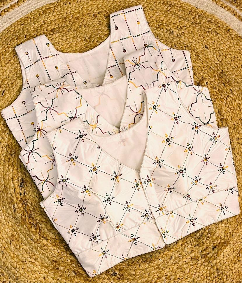 Karen Satin White Embroidered Designer Blouse