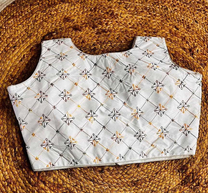 Karen Satin White Embroidered Designer Blouse