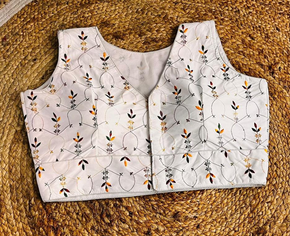 Karen Satin White Embroidered Designer Blouse