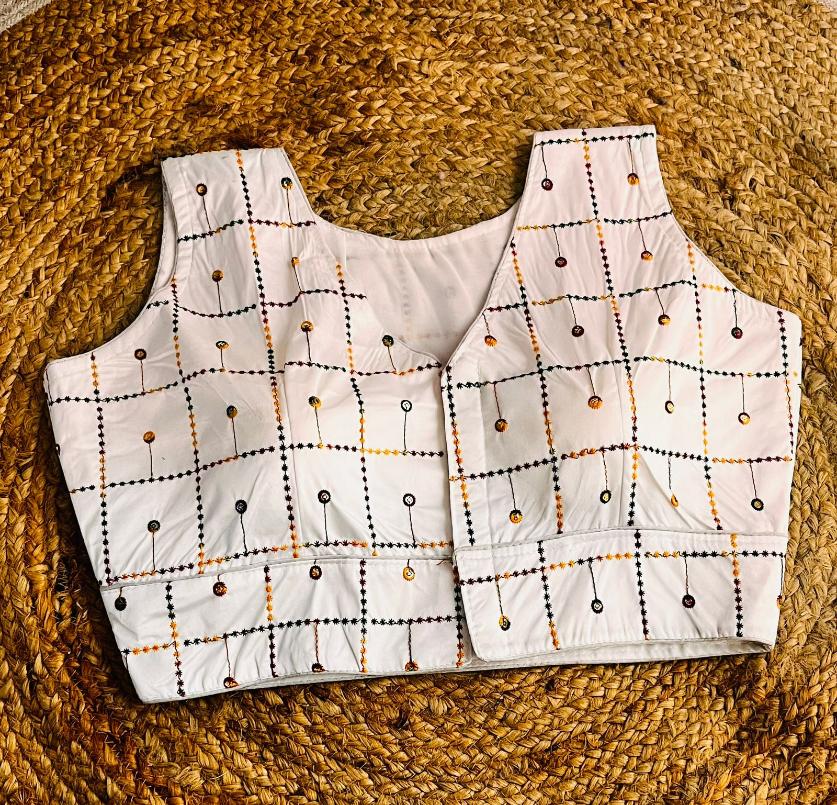 Karen Satin White Embroidered Designer Blouse