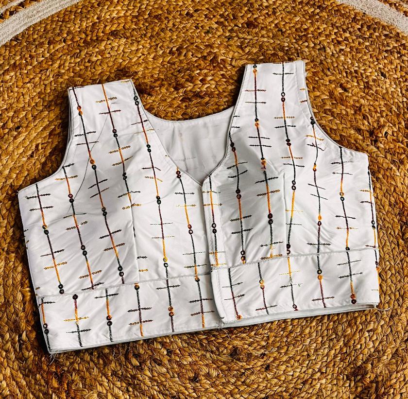 Karen Satin White Embroidered Designer Blouse
