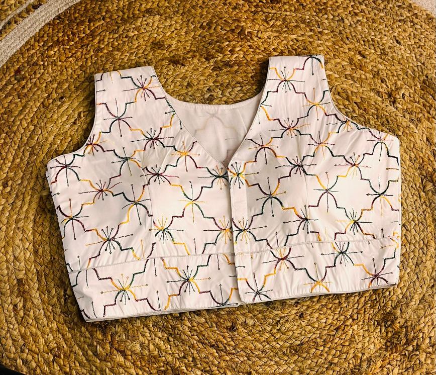 Karen Satin White Embroidered Designer Blouse