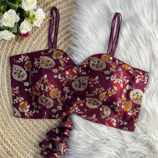 Wine Back Open Noodle Straps Banarasi Silk Designer Blouse