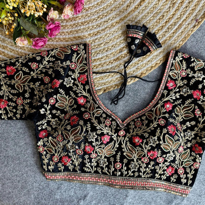 Heavy Embroidered V-Neck Designer Velvet Bridal Blouse
