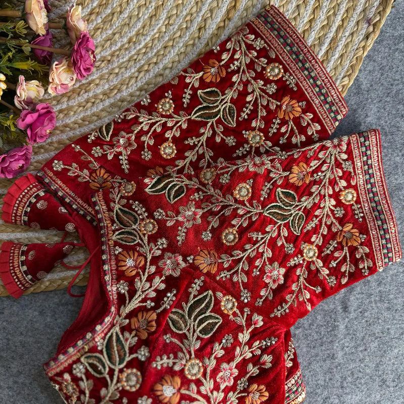 Heavy Embroidered V-Neck Designer Velvet Bridal Blouse