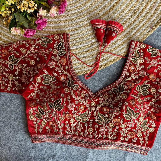 Heavy Embroidered V-Neck Designer Velvet Bridal Blouse