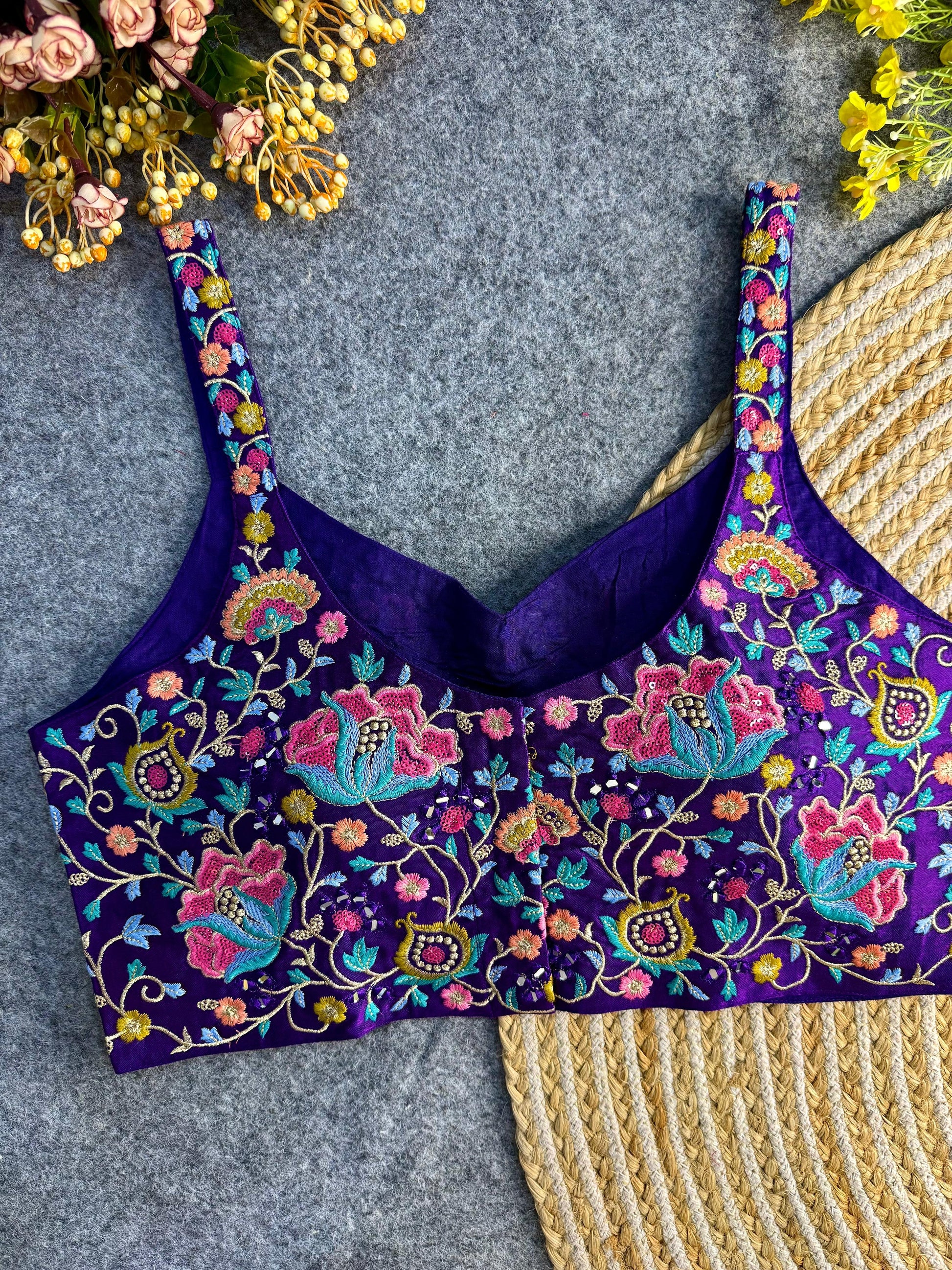 Shop Purple Embroidered Sphagetti Navratri Blouse On Sale- STORI
