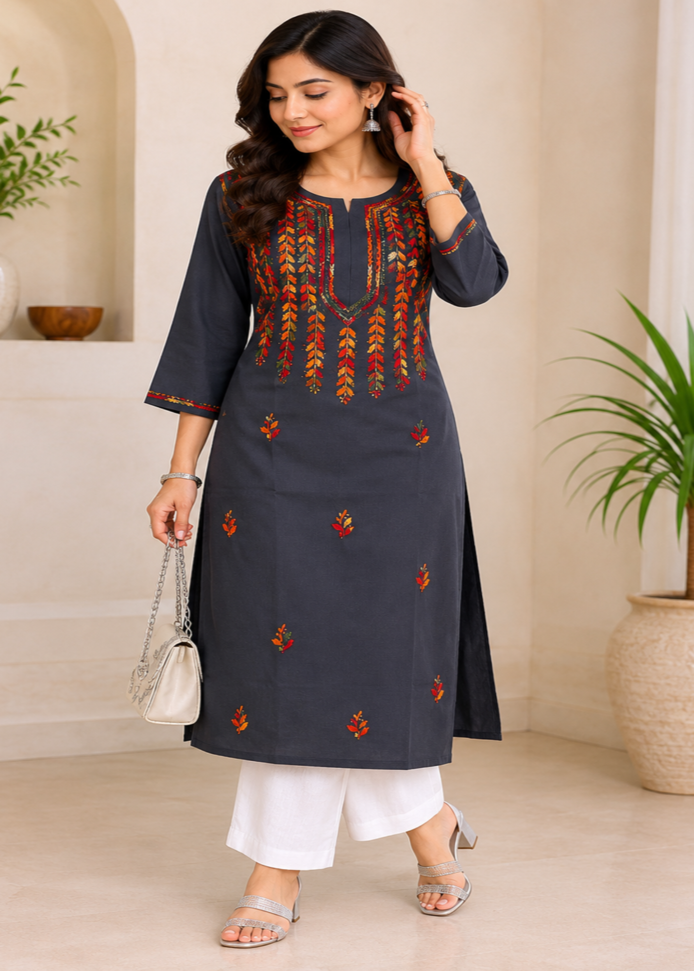 Nihaar Grey Pure Cotton Multithread Chikankari Kurti
