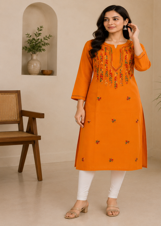 Nihaar Mustard Yellow Pure Cotton Multithread Chikankari Kurti