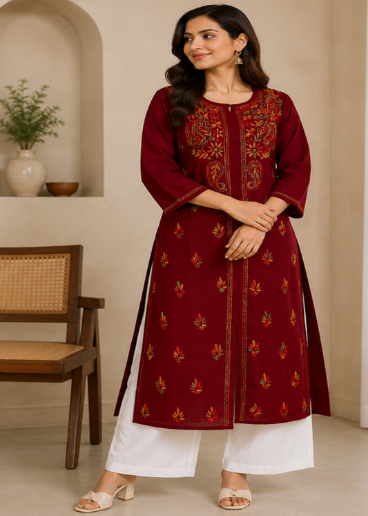 Maroon Pure Cotton Front Open Multithread Chikankari Kurti