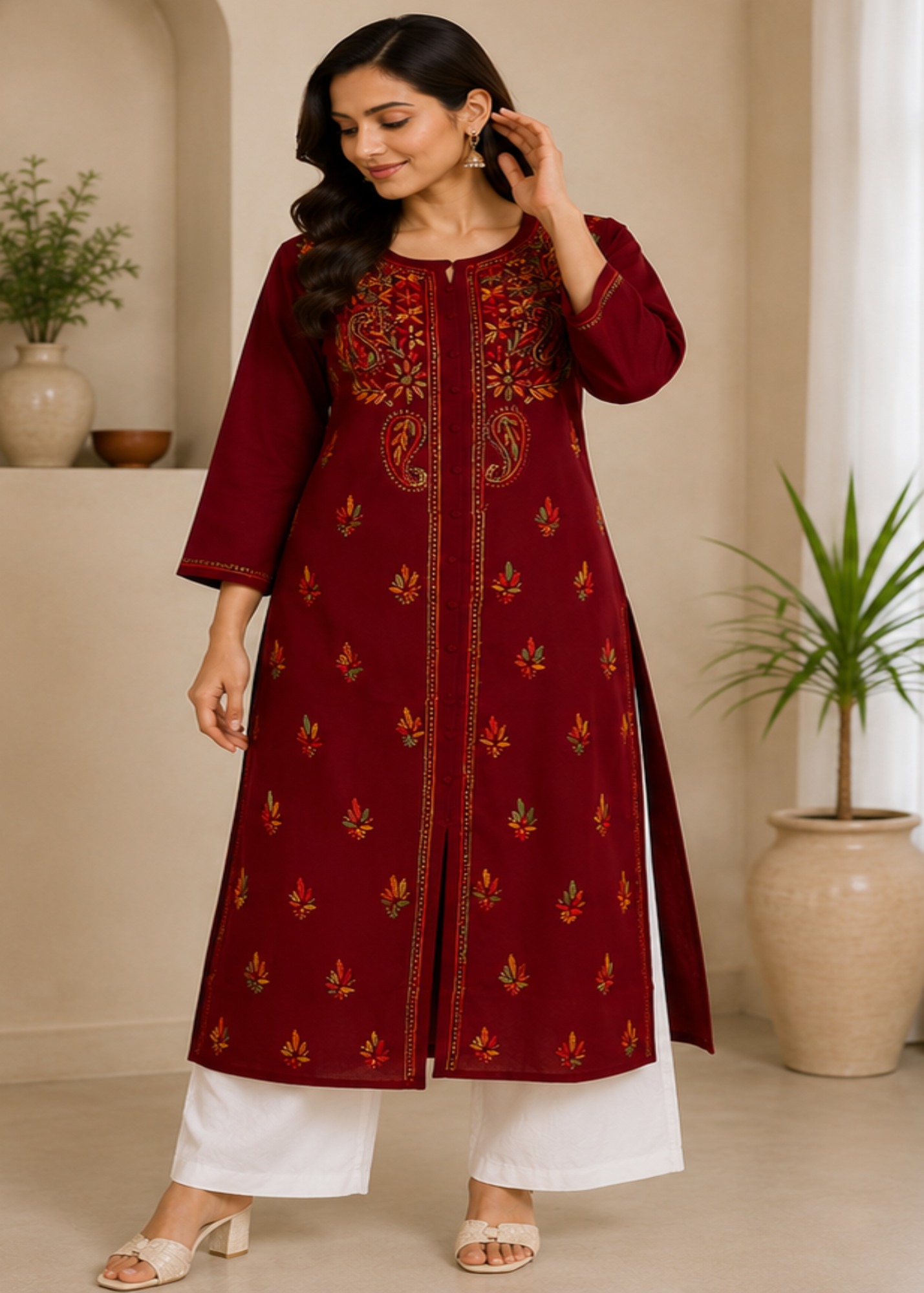 Maroon Pure Cotton Front Open Multithread Chikankari Kurti