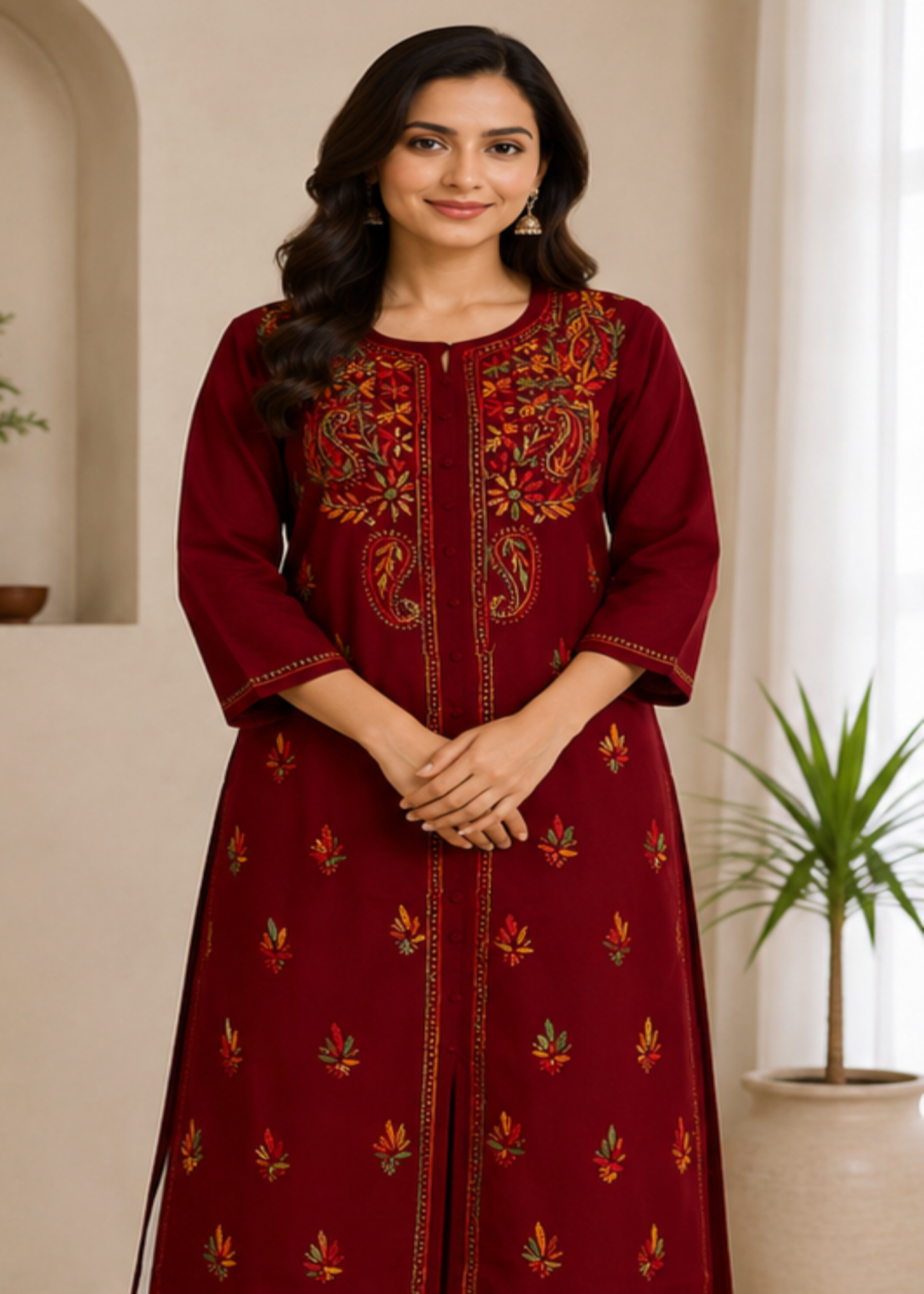 Maroon Pure Cotton Front Open Multithread Chikankari Kurti
