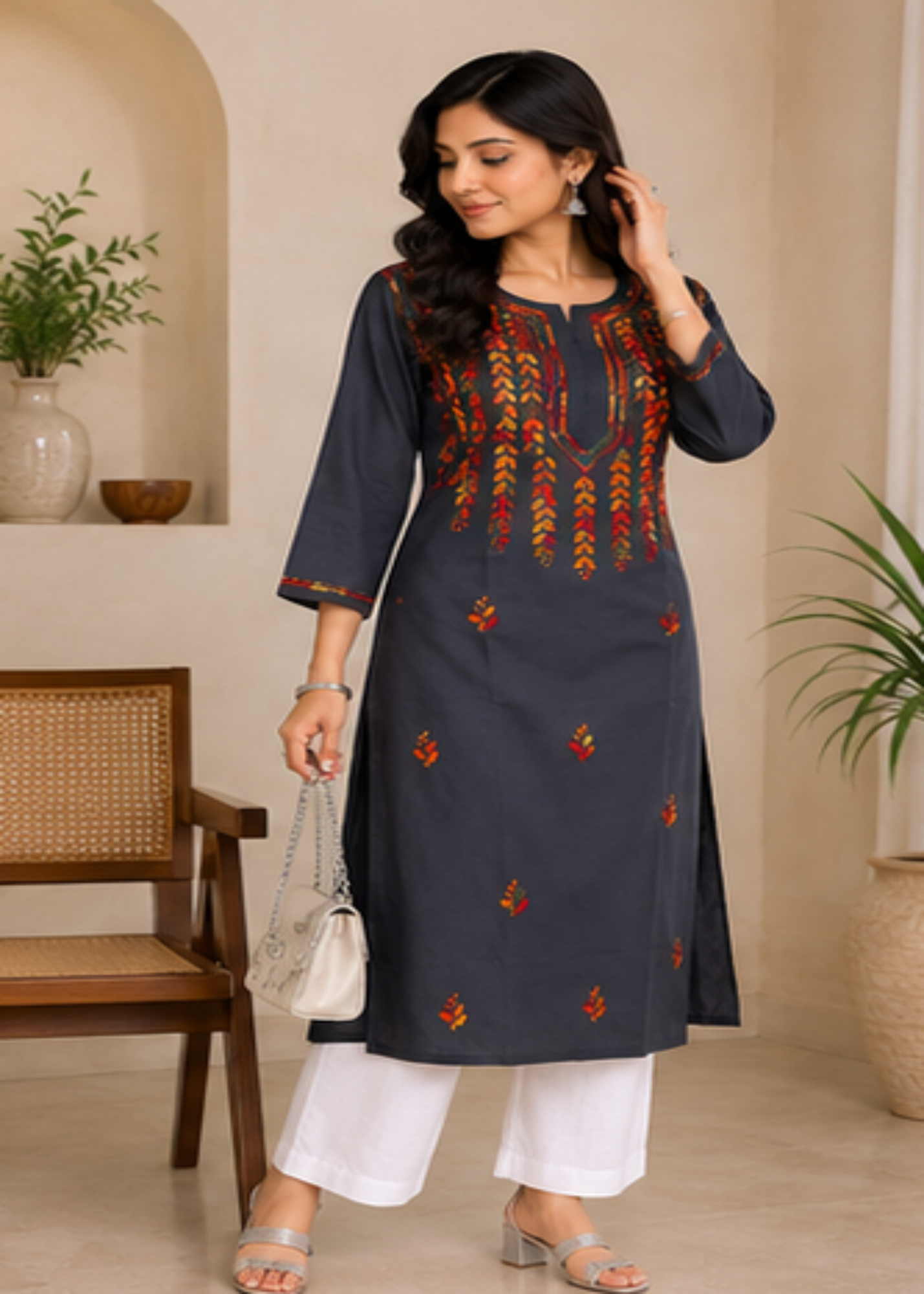 Nihaar Grey Pure Cotton Multithread Chikankari Kurti