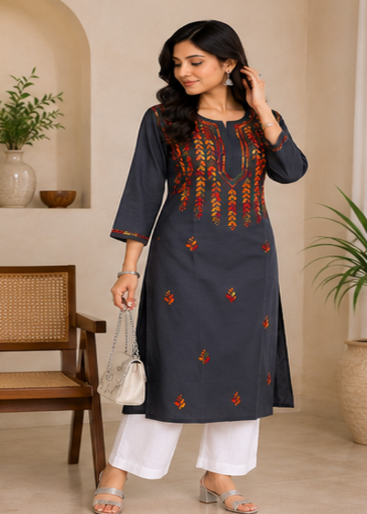 Nihaar Grey Pure Cotton Multithread Chikankari Kurti