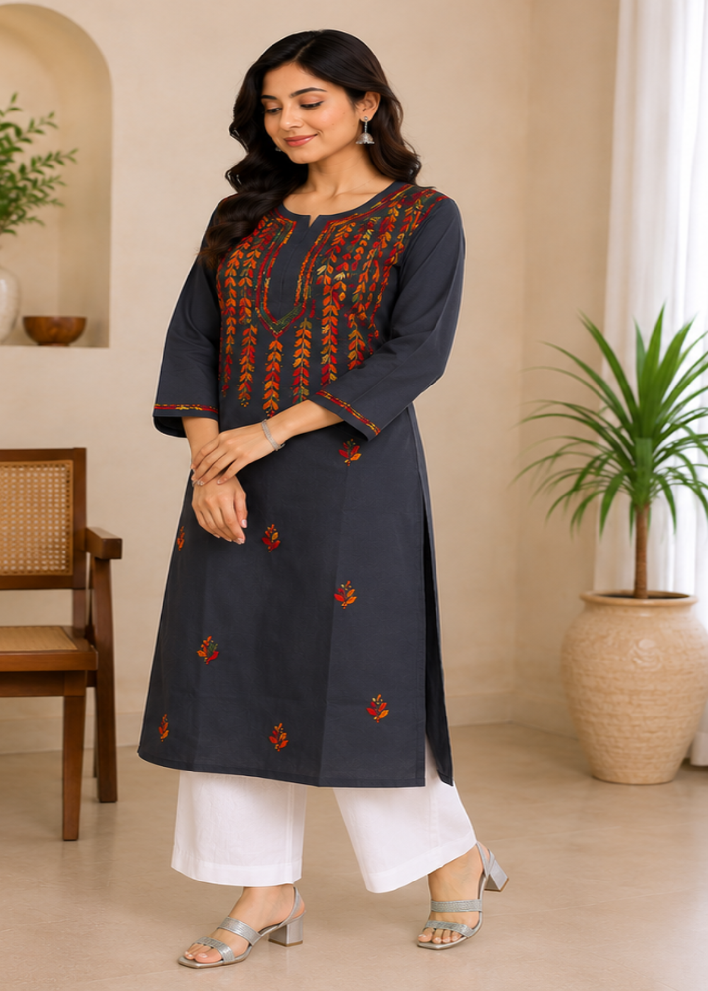 Nihaar Grey Pure Cotton Multithread Chikankari Kurti