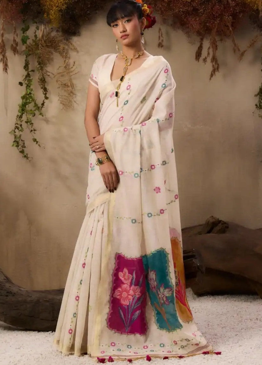 Ivory White Munga Cotton Silk Saree