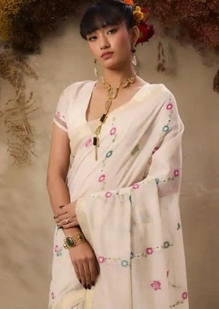 Ivory White Munga Cotton Silk Saree