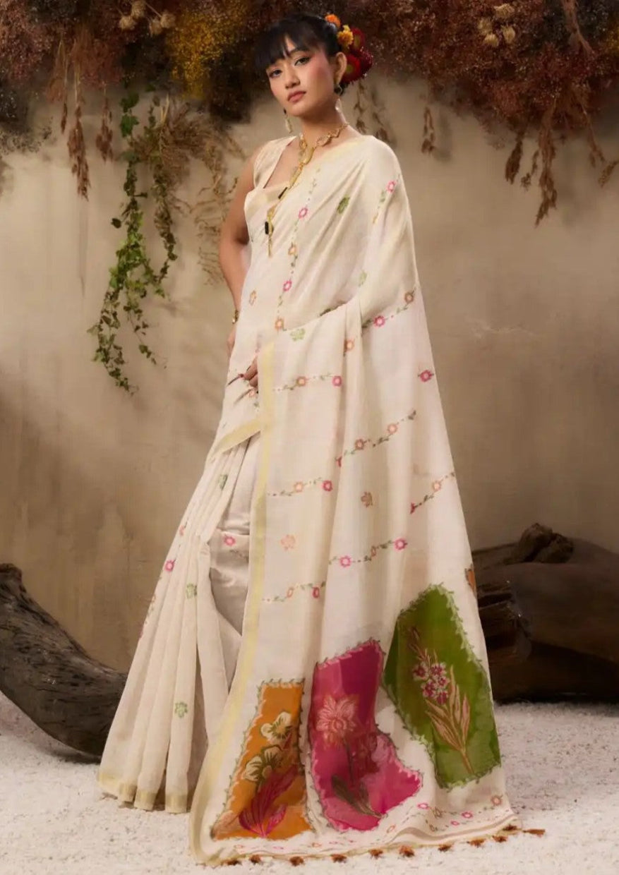 Ivory White Munga Cotton Silk Saree