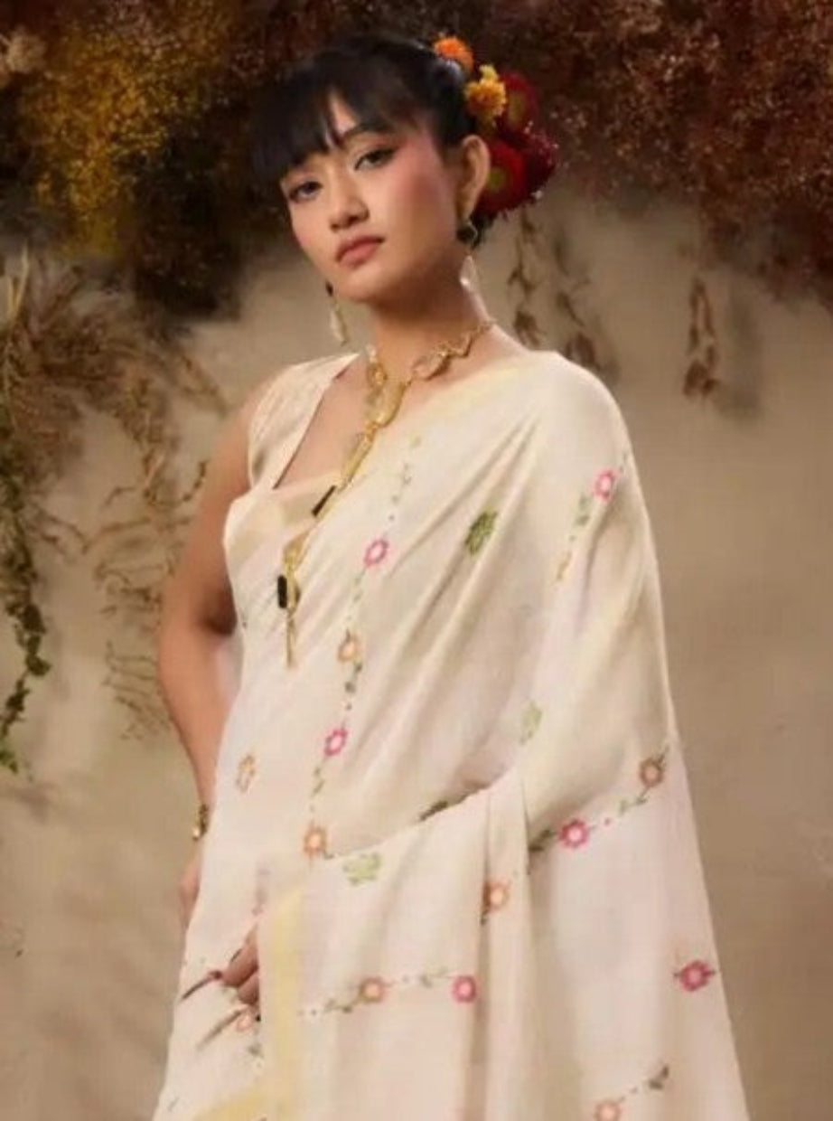 Ivory White Munga Cotton Silk Saree