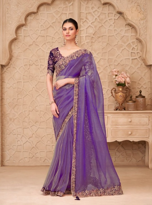 STORI Purple Saree With Designer Blouse