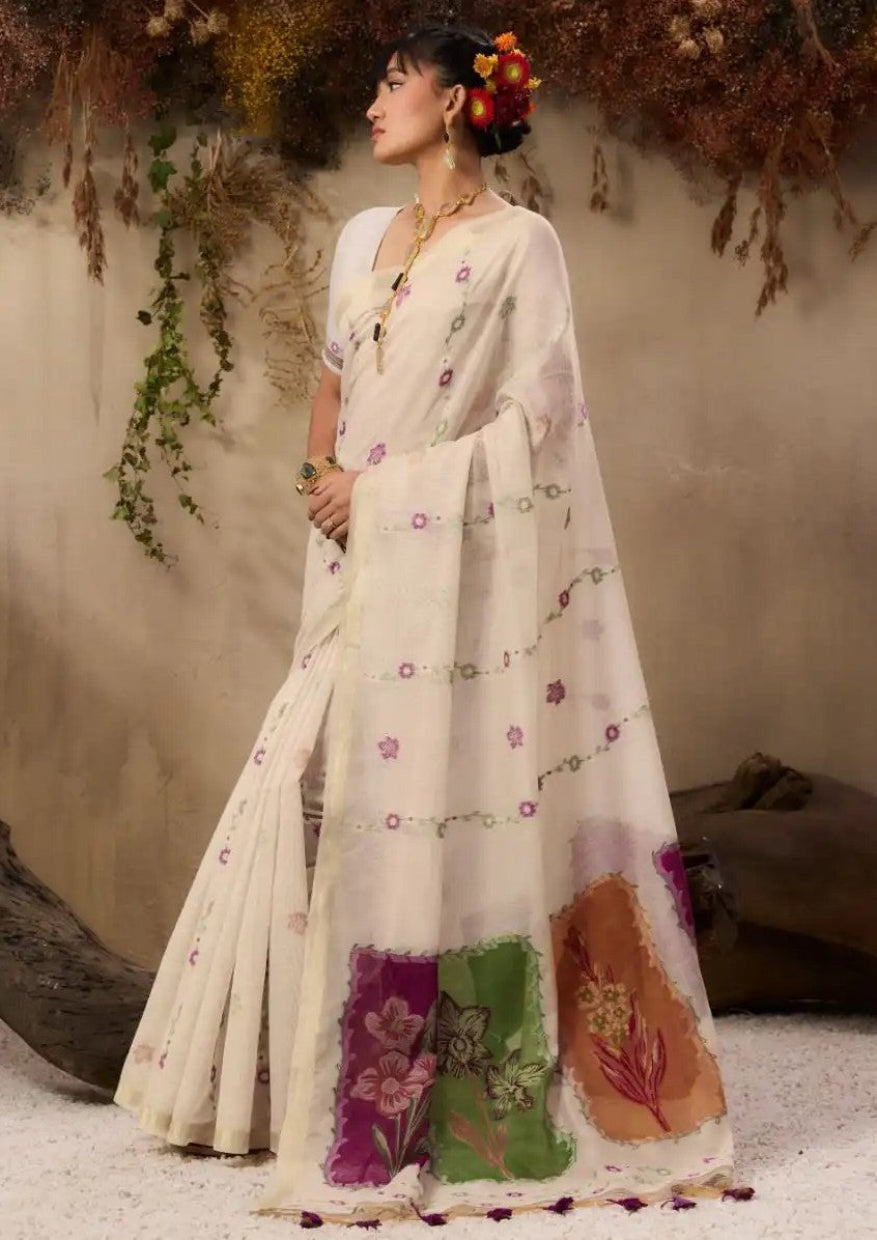 Ivory White Munga Cotton Silk Saree