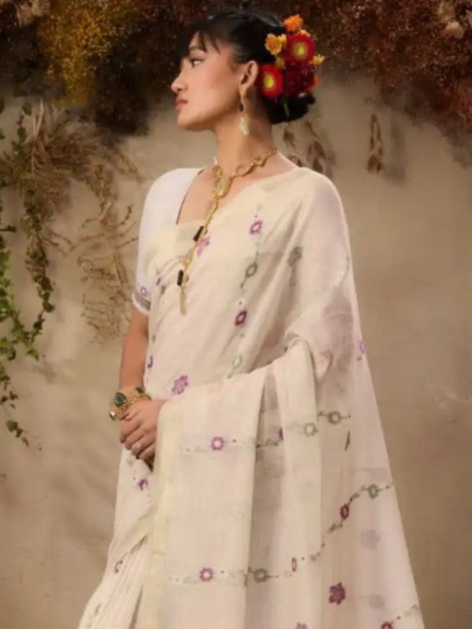 Ivory White Munga Cotton Silk Saree