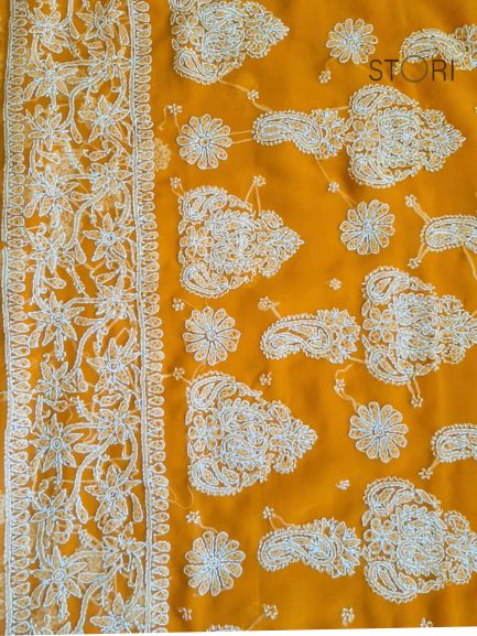 Mustard Yellow Sanah Handcrafted Lucknowi Chikankari Saree