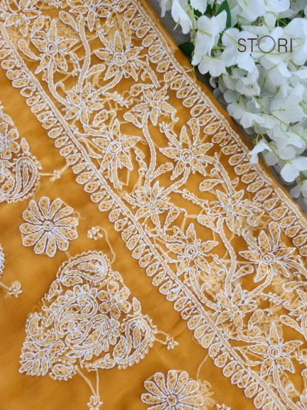 Mustard Yellow Sanah Handcrafted Lucknowi Chikankari Saree
