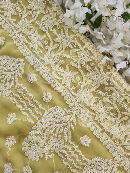 Olive Green Sanah Handcrafted Lucknowi Chikankari Saree