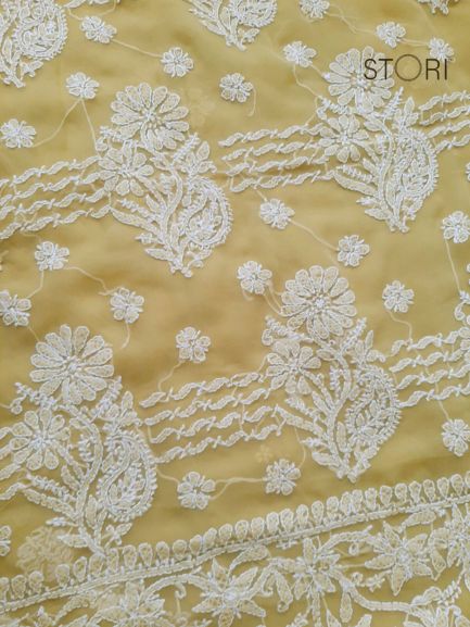 Olive Green Sanah Handcrafted Lucknowi Chikankari Saree