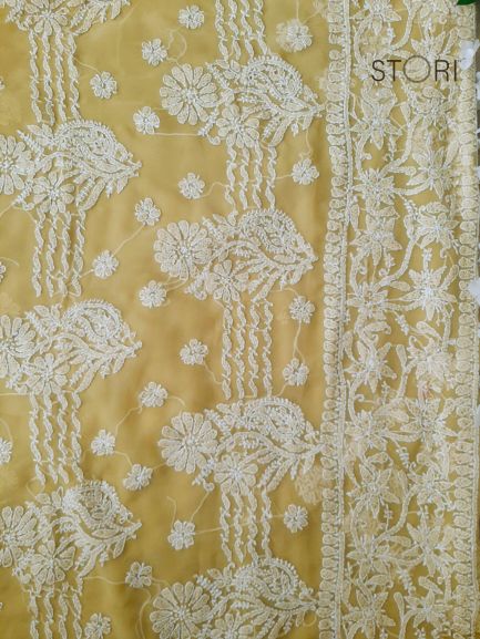 Olive Green Sanah Handcrafted Lucknowi Chikankari Saree