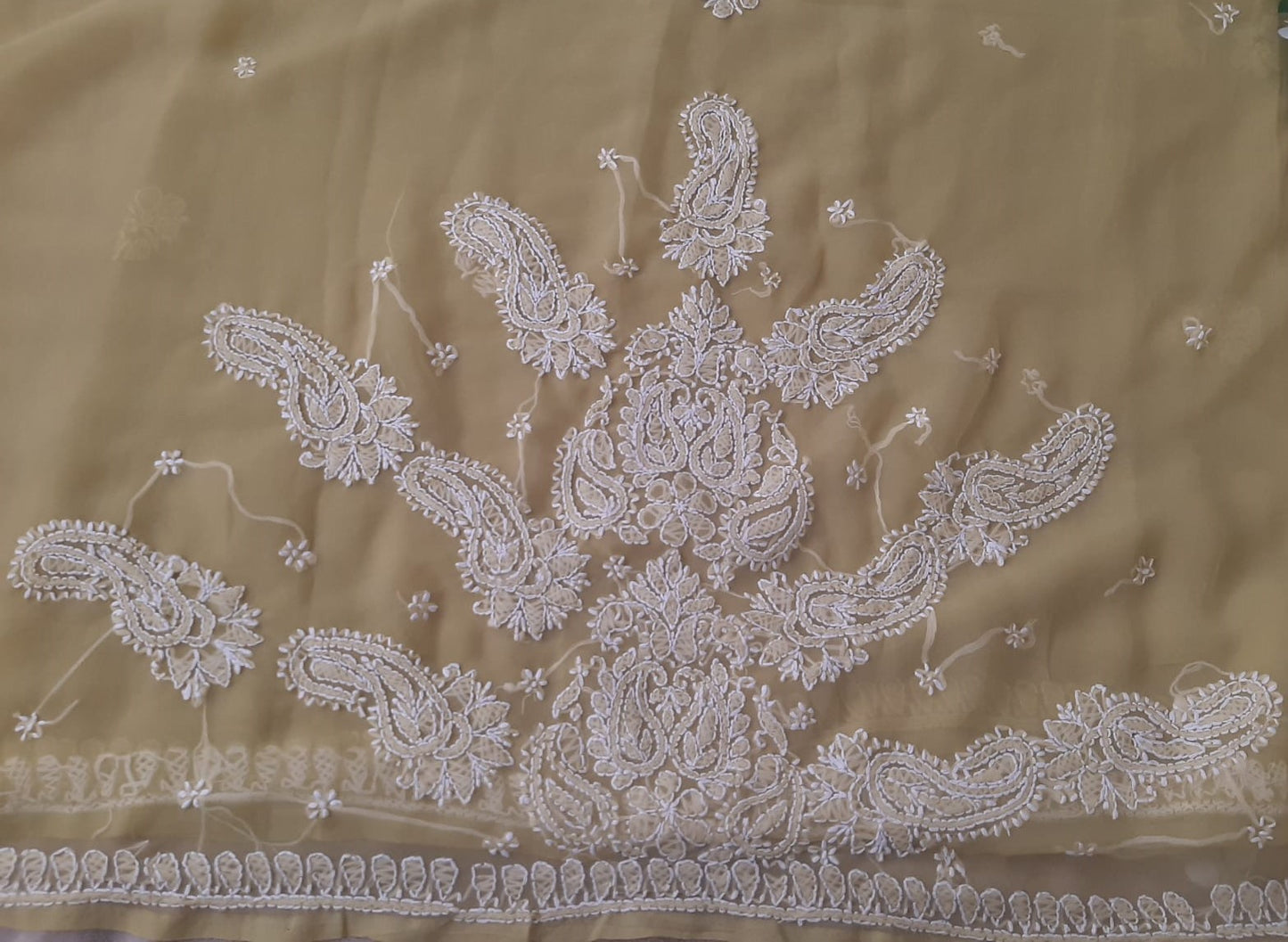 Olive Green Sanah Handcrafted Lucknowi Chikankari Saree
