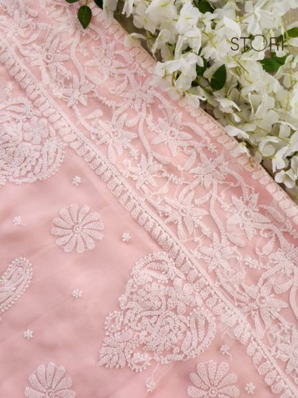 Light Peach Sanah Handcrafted Lucknowi Chikankari SareeLight Peach Sanah Handcrafted Lucknowi Chikankari Saree