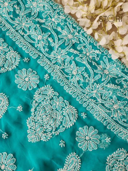 Rama Green Sanah Handcrafted Lucknowi Chikankari Saree