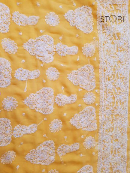 Bright Yellow Sanah Handcrafted Lucknowi Chikankari Saree