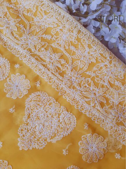 Bright Yellow Sanah Handcrafted Lucknowi Chikankari Saree